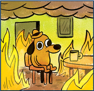 dog acting as a human having coffee sitting calmy in a house while it burns around him